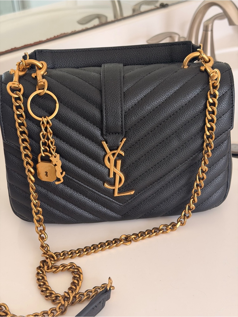 Saint Laurent Black Chevron Quilted Leather Shoulder Bag with Gold Hardware